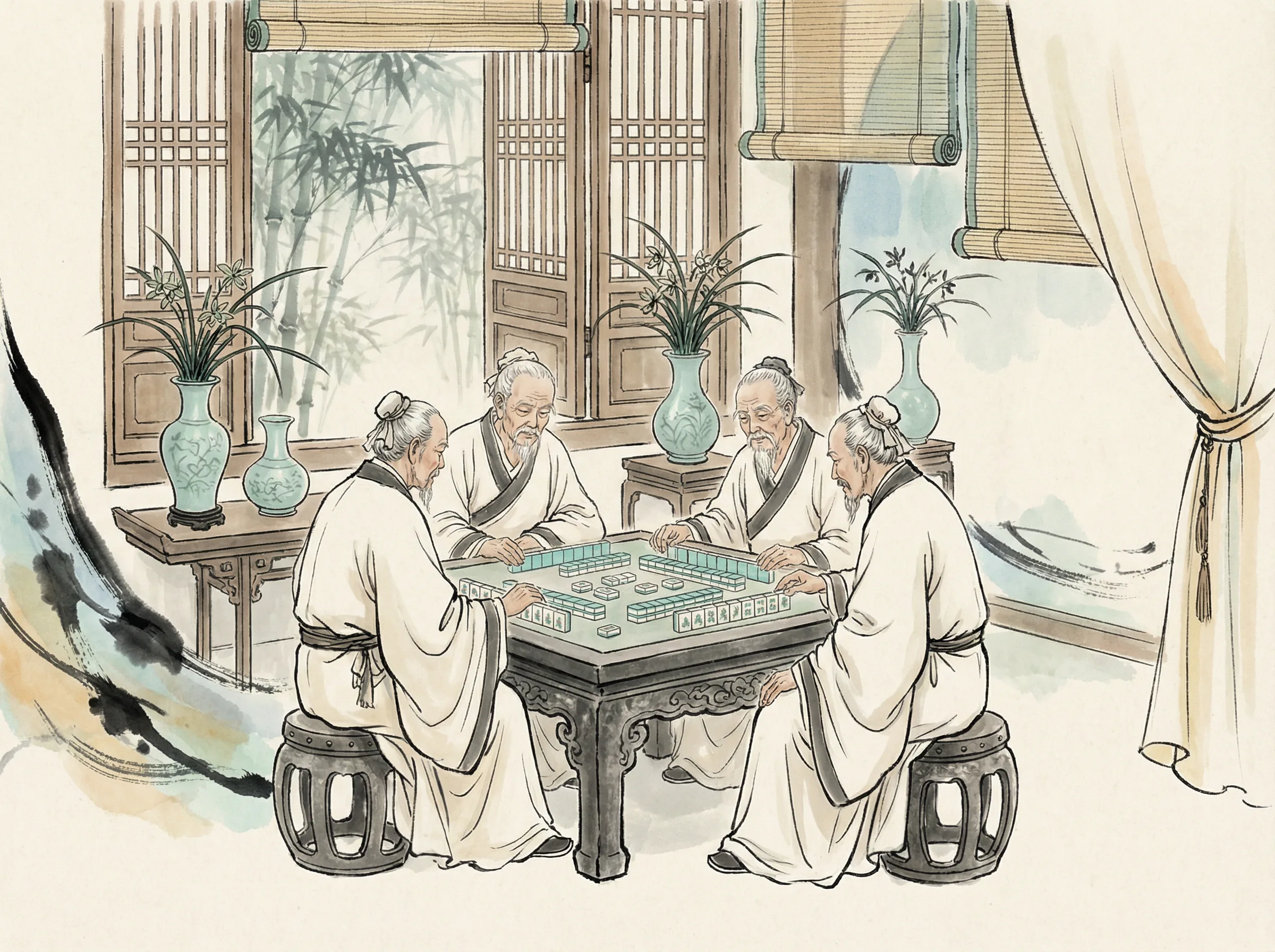 ky棋牌江南园林中的棋牌雅室场景